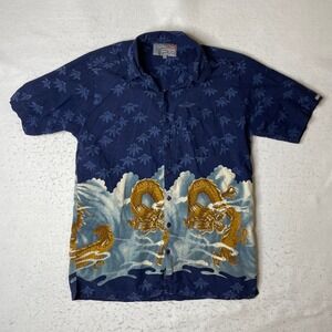 Point Zero Mens Medium Blue Dragon Floral Short Sleeve Button Up Shirt‎ Y2K Vtg